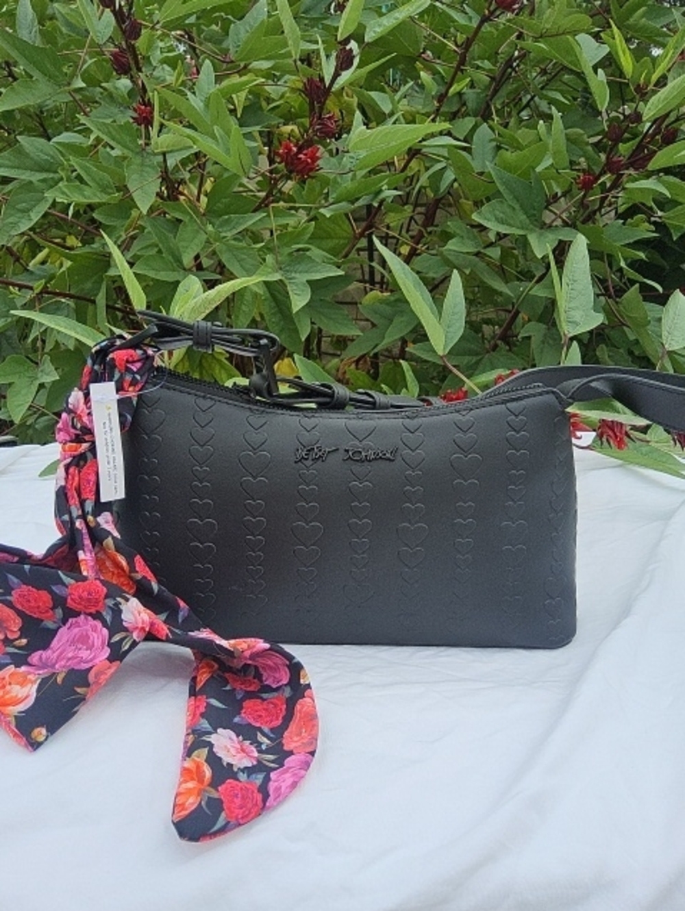 Black Women's Shoulder Bag with Heart-Embossed Detail